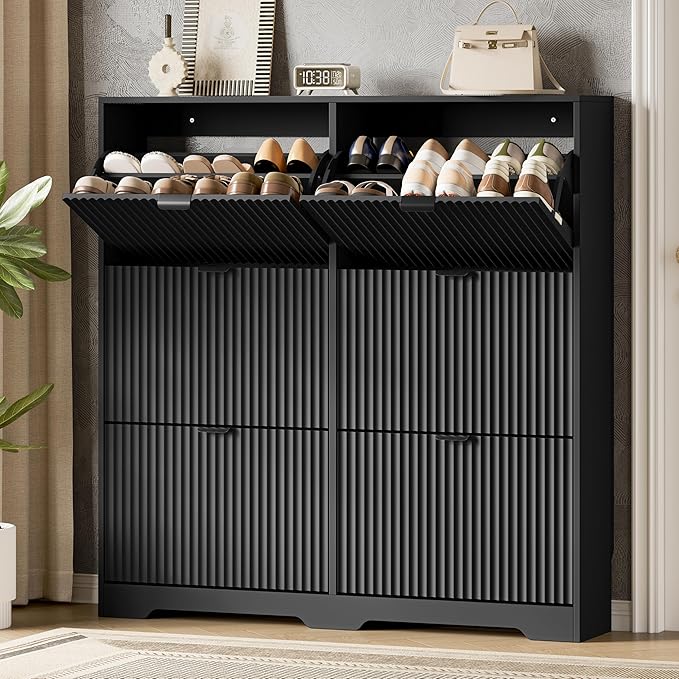 Xixini Shoe Storage Cabinet for Entryway with 6 Flip Drawers, Hidden Slim Wood Shoe Organizer with Modern Fluted Panel, Freestanding Narrow Shoe Rack for Front Door Entrance, Hallway, Foyer, Black