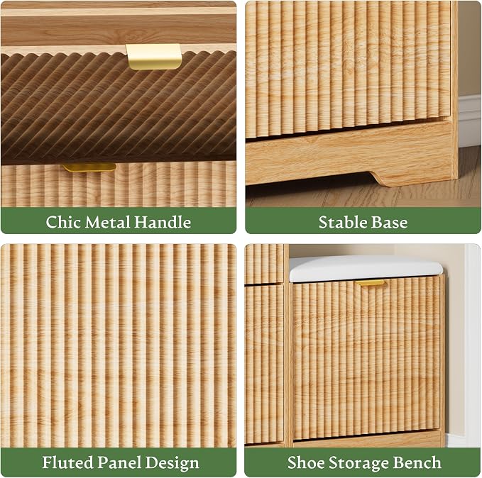 Xixini Shoe Storage Cabinet for Entryway with 3 Flip Drawers & Bench, Slim Wood Shoe Organizer with Modern Fluted Panel, Freestanding Narrow Shoe Rack for Front Door Entrance, Hallway, Foyer, Oak