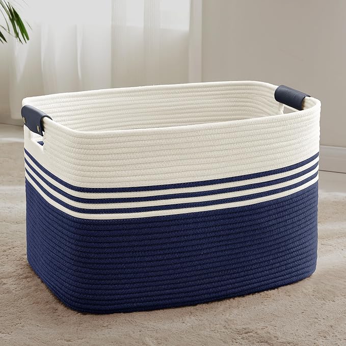 86L Large Woven Laundry Basket Hamper with Leather Handles,Navy | 24"x16"x14", collapsible wicker hamper, storage for dirty clothes, toys, blankets, gifts, living room, bedroom, bathroom