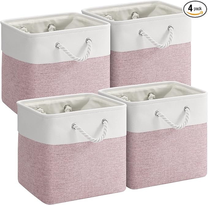 12 x 12 Inch Cube Storage Bins, 4 Pack Fabric Storage Basket with Handles, Foldable Boxes Organizer for Shelf Baskets for Home, Clothes (White/Pink)