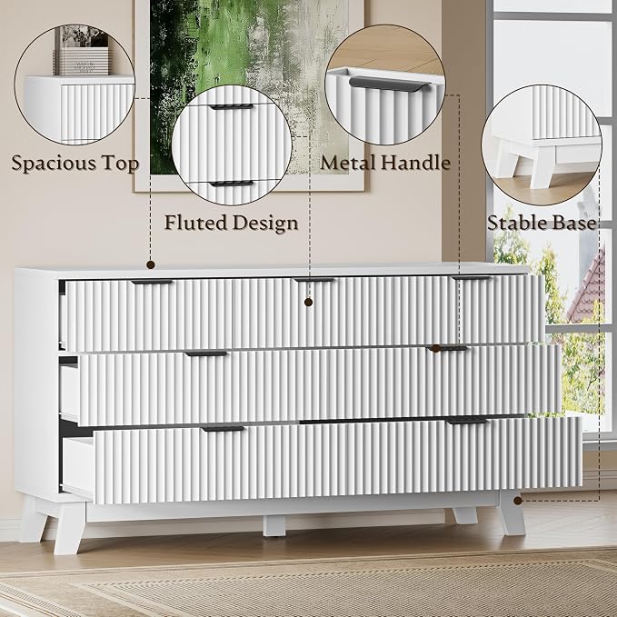 BORNOON 57" Long Dresser for Bedroom, 7-Drawer Fluted Chest, Wide Wood Storage Dresser with Metal Slides and Handles, Stable Base, Modern Clothes Organizer for Primary Suite, Guest Room, Nursery
