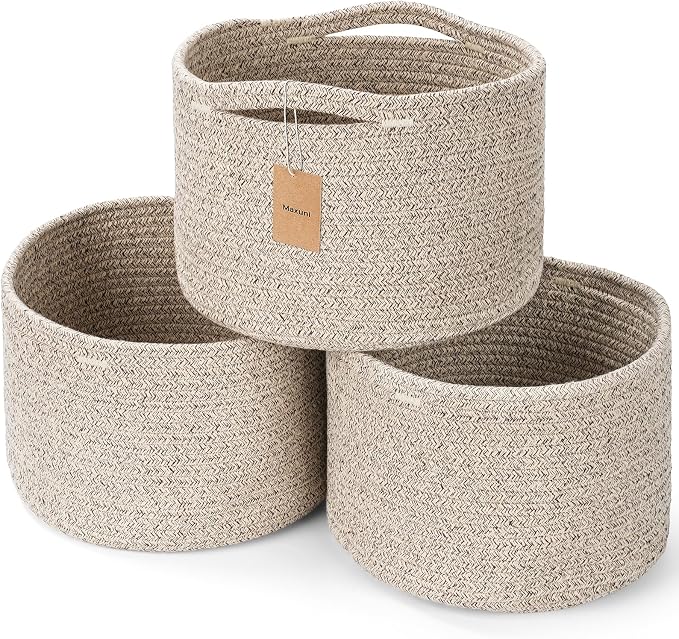Small Rope Baskets for Storage, Baskets for Gifts Empty, Cute Round Woven Basket, Decorative Shelf Baskets 9.82×9.82×7.1", Cotton Toy Basket Storage Bins for Organizer 3 Packs-Brown