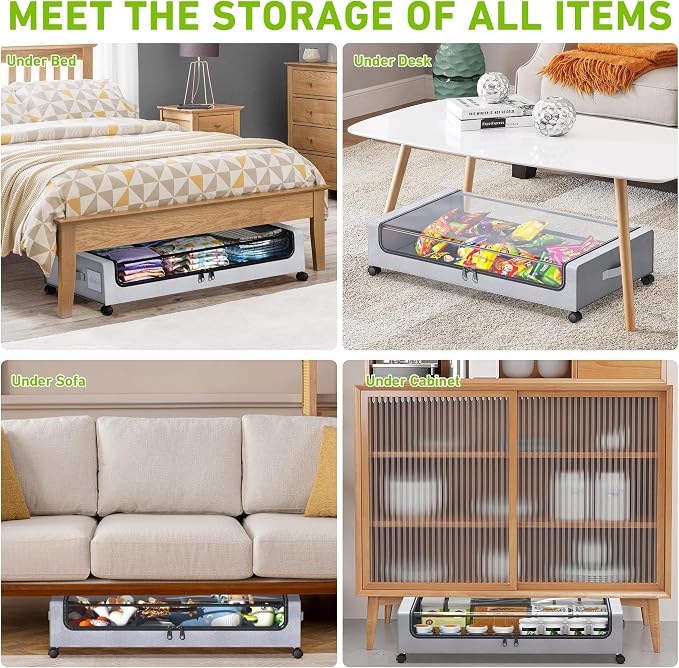 Tututry Under Bed Storage with Wheels, XXL 60L Under the Bed Storage Bins, Underbed Storage Containers with Lids & Label, Rolling Metal Drawer for Shoes, Clothes, Books, Toys (4-Pack Gray)