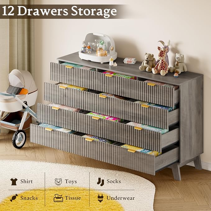 BORNOON 57" Wide Dresser for Bedroom, 12-Drawer Fluted Dresser with Metal Handles, Wood Chest of Drawers with Smooth Slides and Stable Base, Modern Storage Cabinet for Living Room, Nursery