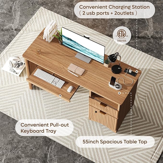 Bestier 55" Office Desk with Locking File Drawer & Charging, Brown | Partitioned Storage & Cable Management,Oak,Easy Assembly,Smart Fingerprint Drawer Lock,Wear-Resistant Easy-Clean Desktop