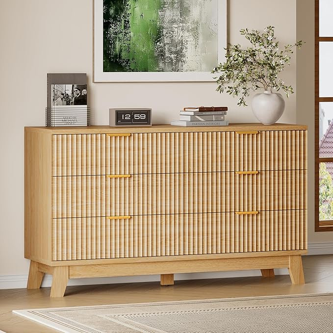 BORNOON 53" Long Dresser for Bedroom, 6-Drawer Dresser with Fluted Fronts, Wide Wood Chest of Drawers, Smooth Metal Slides, Stable Base, Modern Clothes Storage Cabinet for Living Room, Hallway