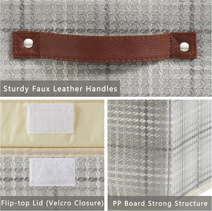 Storage Boxes with Lid 3D Textured Fabric Storage Bins Closet Organizer Containers Decorative Collapsible Washable Shelf Baskets with Faux Leather Handles (Silver Gray, Small Size)