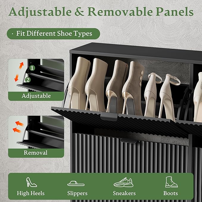 Xixini Shoe Storage Cabinet for Entryway with 4 Flip Drawers, Hidden Slim Wood Shoe Organizer with Modern Fluted Panel, Freestanding Narrow Shoe Rack for Front Door Entrance, Hallway, Foyer, Black