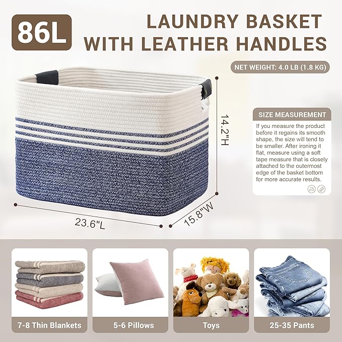 86L Woven Laundry Basket Hamper with Leather Handles,Denim Blue | 24"x16"x14", collapsible wicker hamper, storage for dirty clothes, toys, blankets, gifts, living room, bedroom, bathroom