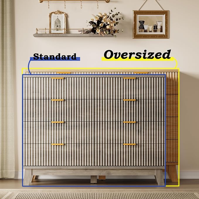BORNOON Fluted 8 Drawer Tall Dresser, 47.2" Wide Modern Boho Chest of Drawers, Wooden Storage Dresser TV Stand for Bedroom, Living Room, Closet, Hallway, Curved Profile Design