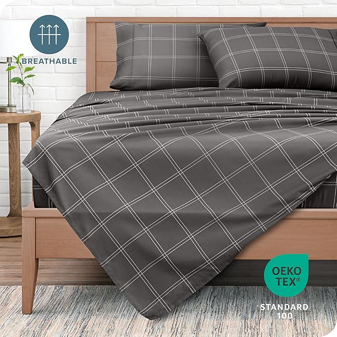 Bare Home Queen Sheet Set - Luxury 1800 Ultra-Soft Microfiber Bed Sheets - Double Brushed - Deep Pockets - Easy Fit - 4 Piece Set - Bed Sheets (Queen, Modern Plaid - Grey/White)