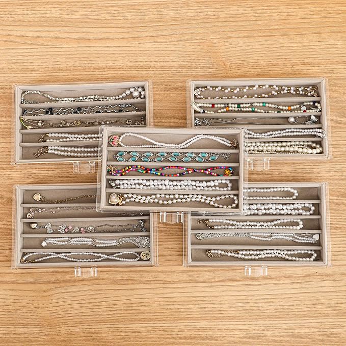5 Drawerss Necklace Organizer Box, Tray with Clear Lid, Dustproof Velvet Necklaces Holder Storage Display Case, Gery Necklace Tray Drawer Insert for Pendant Suitable for Women and Girls (25 grids)