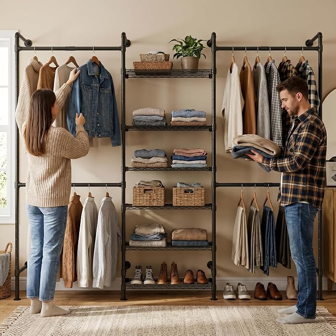 F3 Wall Mounted Closet System, Industrial Pipe Clothing Rack for Hanging Clothes, Heavy Duty Closet Organizer System, Clothes Racks with Shelves & Expandable Rod for Wardrobe, Corner, Black