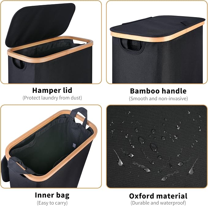iEGrow 60L Slim Laundry Hamper, Narrow Laundry Basket with Lid,Foldable Clothes Hamper with Bamboo Handles,Hamper Basket with Removable Inner Bag for Laundry Room Bedroom College Dorm,Black