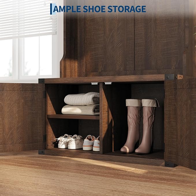 Garvee 77" H Farmhouse Hall Tree with Bench & Shoe Storage, Coat Rack | Mudroom Storage with 5 Tri-Hooks, Enclosed Cabinet, Adjustable Shelf, 2 Top Cubbies, for Entryway, Space Saving, Rustic Brown