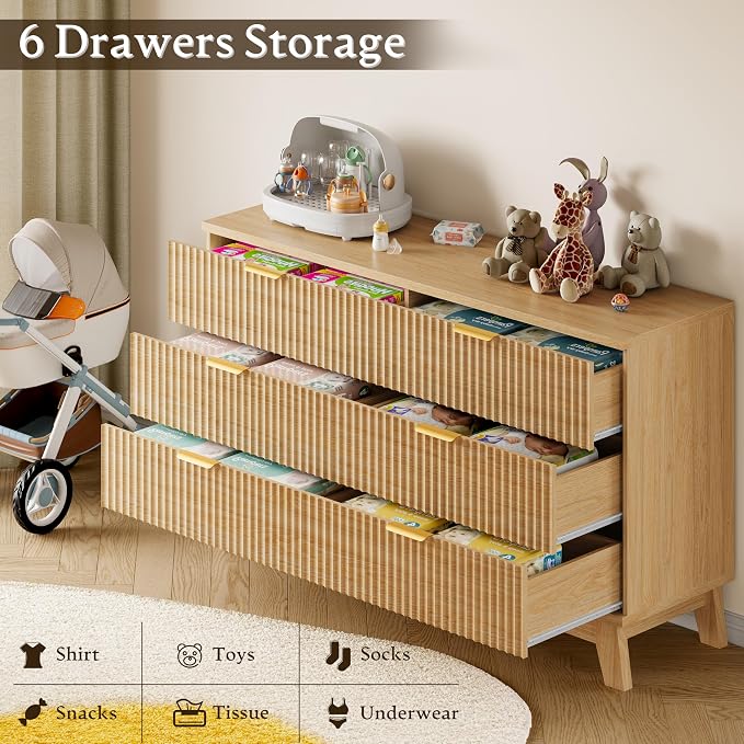 BORNOON Fluted 6 Drawer Dresser, 47.2" Wide Modern Boho Chest of Drawers, Wooden Storage Dresser TV Stand for Bedroom, Living Room, Closet, Hallway, Curved Profile Design