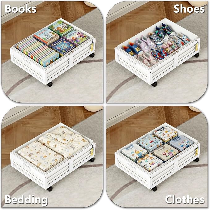 Under Bed Storage Containers with Wheels, Larger Bamboo Wood Under Furniture Storage Containers with Dust Bags，Rolling for Shoes Clothes