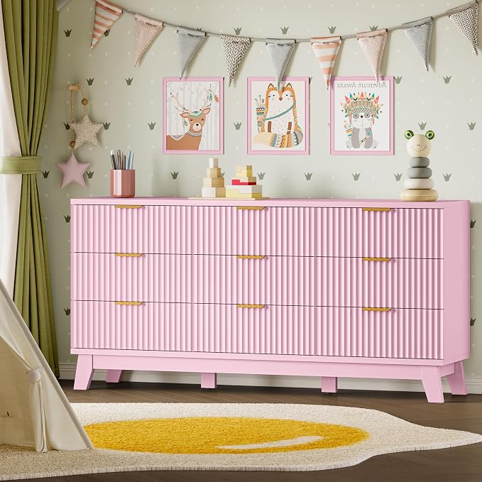 BORNOON Fluted 9 Drawer Dresser, 57.1" Wide Modern Boho Chest of Drawers, Wooden Storage Dresser TV Stand for Bedroom, Living Room, Closet, Hallway, Curved Profile Design