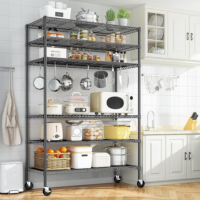 Romorgniz 82" H X45 W X18 D Storage Shelves with Wheels, 6 Tier Wire Shelving Adjustable Metal Shelving Pantry Shelves Capacity 1200LBS for Garage, Pantry, Kitchen, Closet, Black,2P