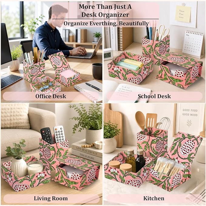 Ridhi Strawberry Pink Block Print Handmade Office Desk Organizer Pen and Sticky Note accessories Holder Cute, Aesthetic, Decor workspace Caddy Gift for Office, Teachers, Professionals, Students