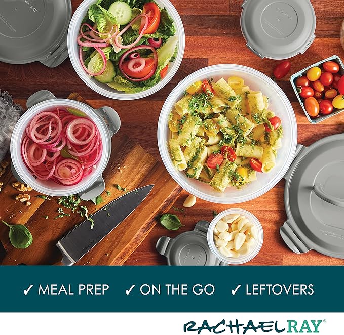 Rachael Ray Leak-Proof Nestable Container Food Storage Bin Set, 10-Piece, Clear with Gray Lids