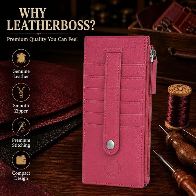 Leatherboss Genuine Leather Women's All in One Credit Business Card Case Holder Slim Zipper Wallet With a Card Protection Strap, Pink