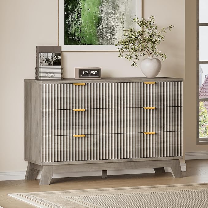 BORNOON Fluted 6 Drawer Dresser, 47.2" Wide Modern Boho Chest of Drawers, Wooden Storage Dresser TV Stand for Bedroom, Living Room, Closet, Hallway, Curved Profile Design