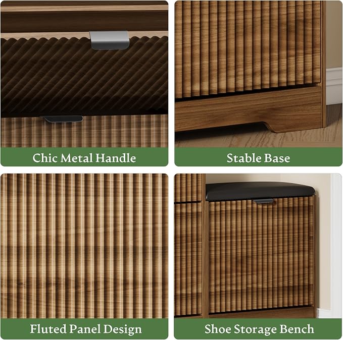 Xixini Shoe Storage Cabinet for Entryway with 3 Flip Drawers & Bench, Slim Wood Shoe Organizer with Modern Fluted Panel, Freestanding Narrow Shoe Rack for Front Door Entrance, Hallway, Foyer, Walnut