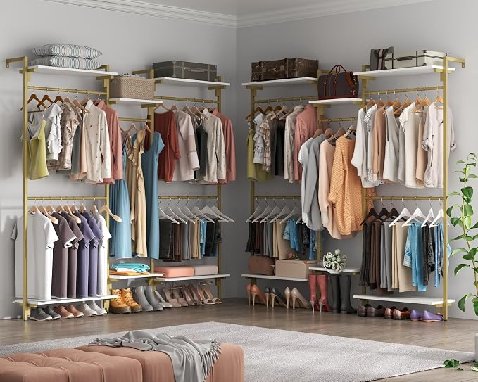 White/Gold Wall Mount Clothes Rack with 5 Hanging Rods, Clothing Rack with 6-Tier Storage Shelves, Closet Storage Organizer System Kit, Heavy Duty Garment Rack with Metal Frames (80.71" L*78.74" H)