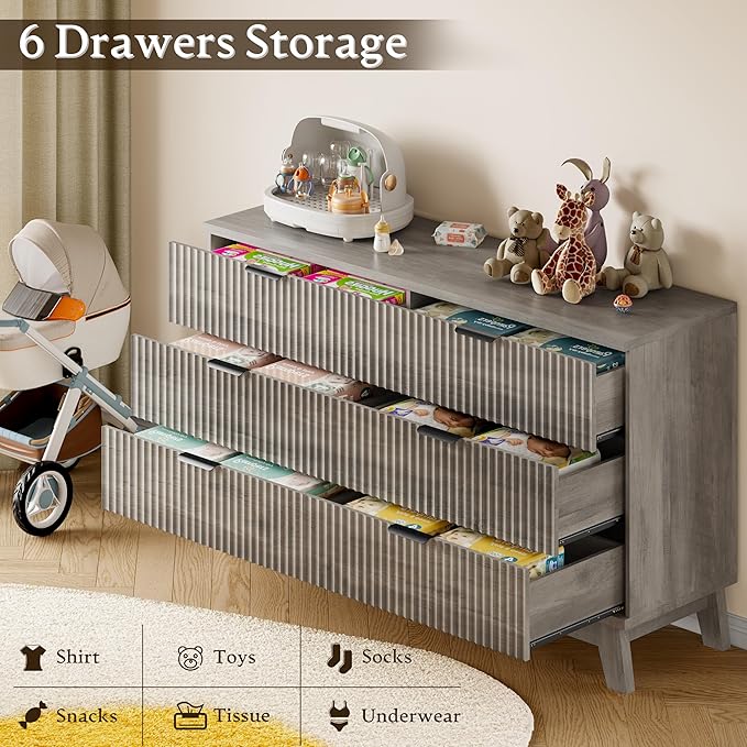 BORNOON 53" Long Dresser for Bedroom, 6-Drawer Dresser with Fluted Fronts, Wide Wood Chest of Drawers, Smooth Metal Slides, Stable Base, Modern Clothes Storage Cabinet for Living Room, Hallway