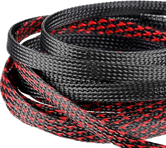 Xuniea 96ft Wire Loom Braided Cable Sleeve Covers Cord Management with 127 Pcs Tube Heat Shrinkable for Audio Video Cable Cord Protectors from Pets (1/2, 1/4, 3/8 Inch,Black and Red)