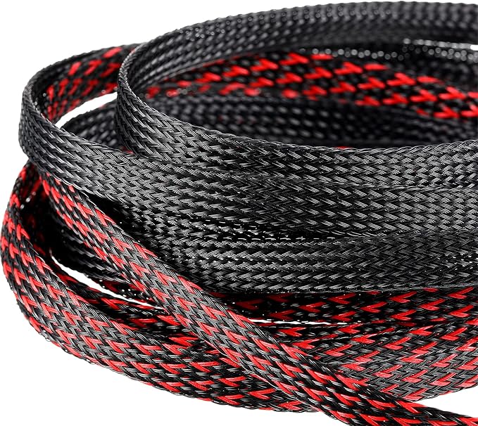 Xuniea 96ft Wire Loom Braided Cable Sleeve Covers Cord Management with 127 Pcs Tube Heat Shrinkable for Audio Video Cable Cord Protectors from Pets(1/4, 1/2, 3/4 Inch,Black and Red)