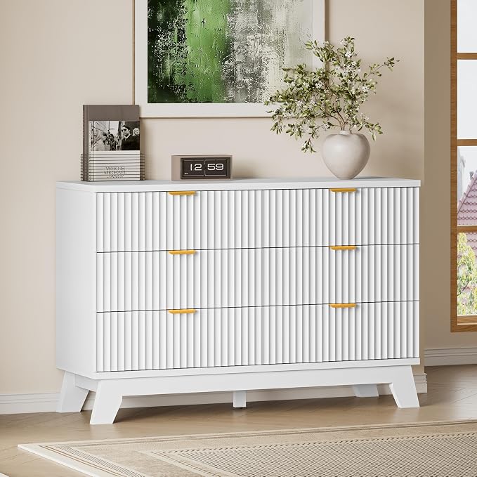 BORNOON Fluted 6 Drawer Dresser, 47.2" Wide Modern Boho Chest of Drawers, Wooden Storage Dresser TV Stand for Bedroom, Living Room, Closet, Hallway, Curved Profile Design