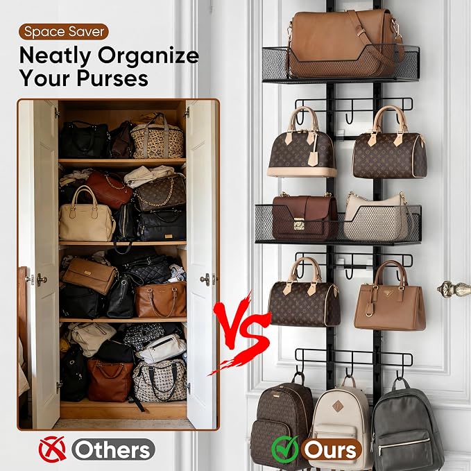 Over The Door Purse Organizer, Easy Installation Handbag Rack (Black) | No-Tool Setup | Foldable Space Saver | 12 Adjustable Metal Hooks | Dual Basket Storage | Stable Anti-Tilt Design | Bag Hanger
