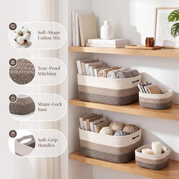 5-Pack Large Woven Rope Storage Baskets, 2 Sizes Organizer Bins | Fabric Cube Boxes and Rectangular Shallow Bins for Closet, Shelf, Bookshelf, Nursery, Changing Table, Bathroom, Toys & Home