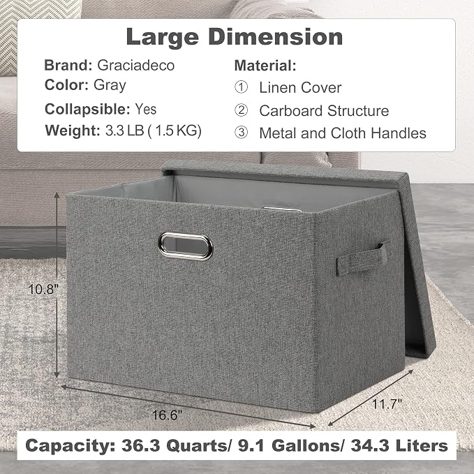 Graciadeco Large 17" 36 Quart Collapsible Stackable Storage Bins with Lids, 5 Packs Gray Foldable Fabric Closet Storage Boxes with Lids, Heavy-duty Linen Cube Baskets(17 x 12 x 11)