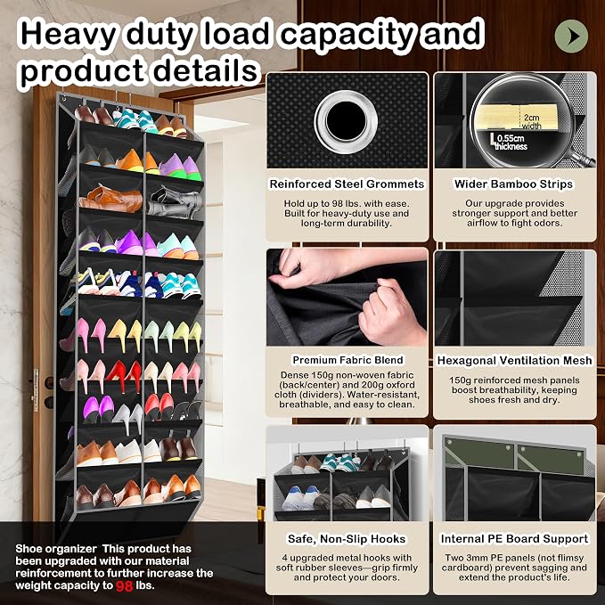 Kotkn 10-Tier Over the Door Shoe Organizer, 20 Pockets Holds 20-30 Pairs, Heavy-Duty Oxford Fabric with Hexagon Mesh for Boots & Sneakers-Black