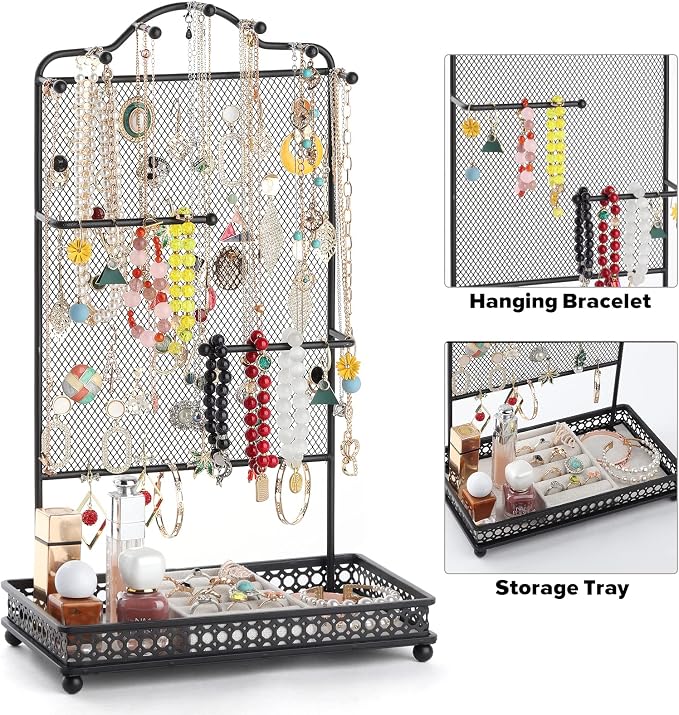 Meangood Black Jewelry Organizer Stand, Earring Holder Rack for Hanging Earrings Necklace Bracelets Watches Jewelry Display Large Rings Storage as Women Gift