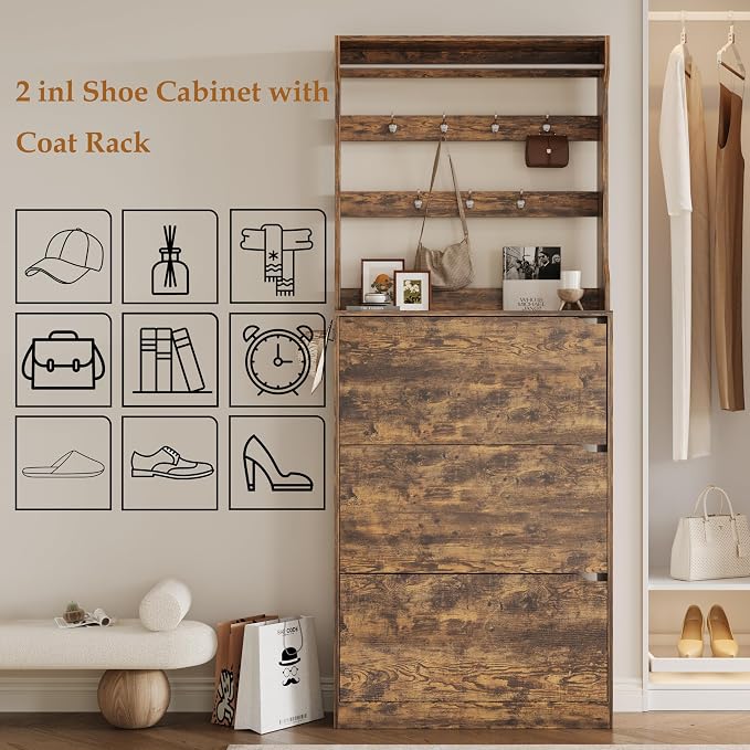 Wodeer Tall Shoe Cabinet with Coat Rack, Hidden Shoe Storage Cabinet with Doors & Drawer, Hanging Bar & Hooks, Slim Narrow Freestanding Shoe Rack Organizer for Entryway, Hallway & Living Room, Brown