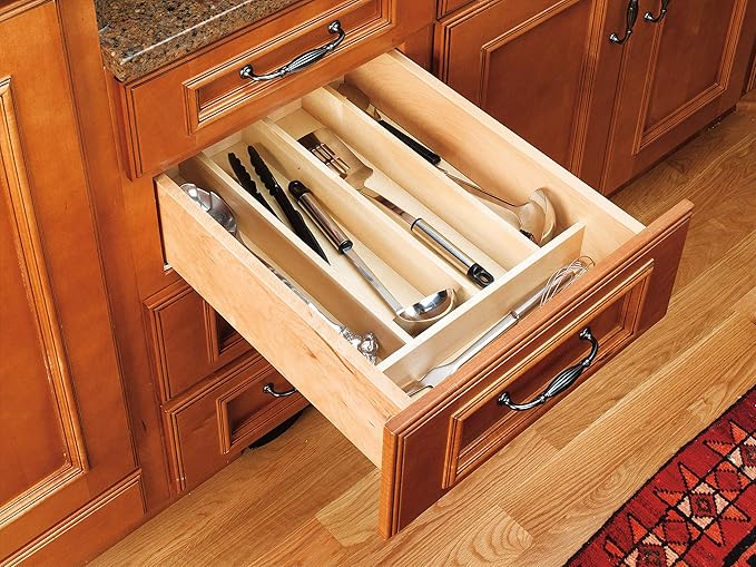 Rev-A-Shelf Custom Trim-to-Fit Silverware Drawer Organizer For Kitchen Utensils, Cutlery Cabinet Storage Divider Insert, 18.5" x 22", Maple Wood, 4WUT-1
