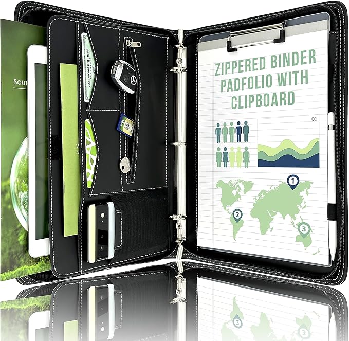 STYLIO Zipper Portfolio Binder | Padfolio 3 Ring Binder (1") and Clipboard Folio (Removable)| Portfolio Organizer for Documents, iPad, Tablet, Phone |Faux Leather Notebook Folio for Men & Women