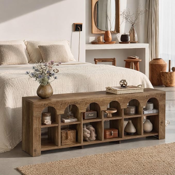 63" Entryway Bench with Shoe Storage, Farmhouse Bench with 12 Cubbies | Stores 12 Pairs, Slim 11.8" Profile, Arched Cubby Design, Shoe Organizer, Ventilated Storage, Wood Bedroom Bench