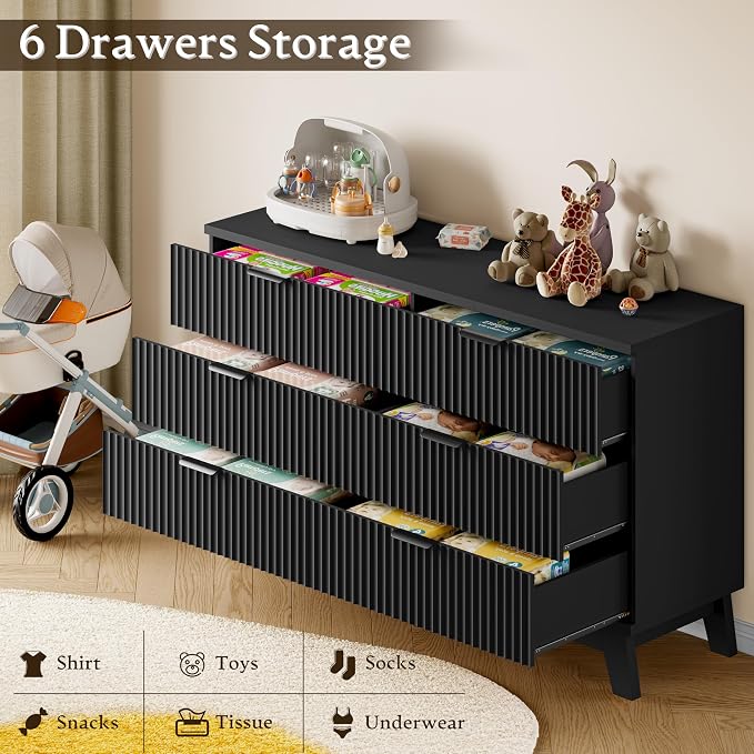 BORNOON 53" Long Dresser for Bedroom, 6-Drawer Dresser with Fluted Fronts, Wide Wood Chest of Drawers, Smooth Metal Slides, Stable Base, Modern Clothes Storage Cabinet for Living Room, Hallway