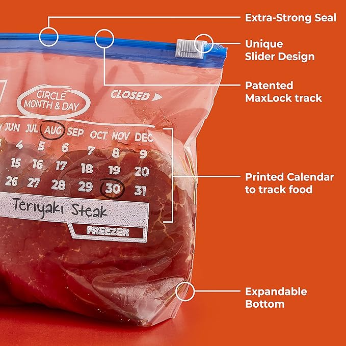 Hefty Calendar Slider Quart Freezer Bags,1 Quart Slider Bags with Stand and Fill Expandable Bottoms,Helps Prevent Freezer Burn,35 Count (Pack of 8)