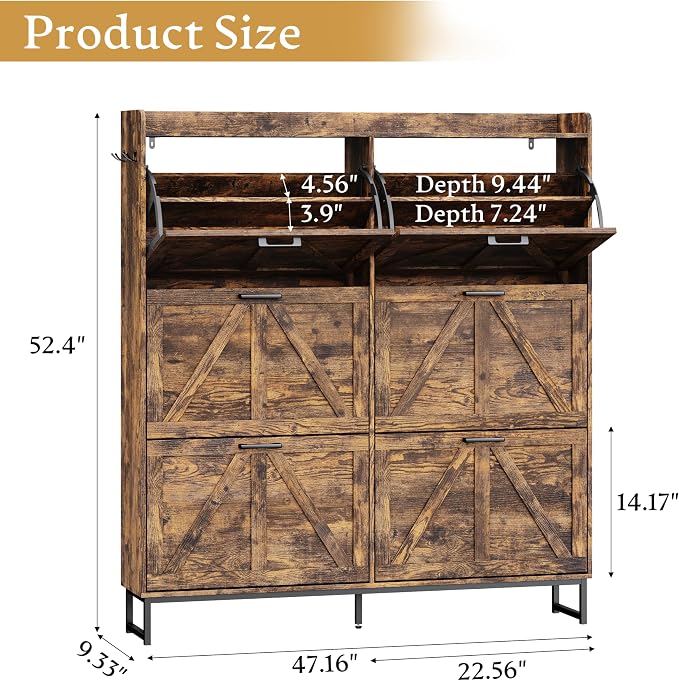 Wodeer Shoe Cabinet Storage for Entryway, Shoe Storage Cabinet with 6 Flip Drawers, Freestanding Narrow Shoe Rack Organizer with Metal Legs, Adjustable Shelves & Open Storage for Foyer, Hallway, Brown