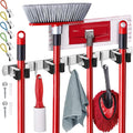 Wall Mount Hanger for Brooms & Mops - Adhesive Stainless Steel Mops & Broom Holder, 4 Clamps, 3 Hooks, & 5 Towel Hanger Clips Including Mounting Hardware for Utility Room Organization