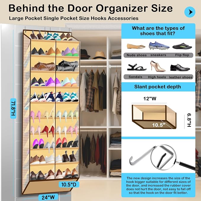Kotkn 10-Tier Over the Door Shoe Organizer, 20 Pockets Holds 20-30 Pairs, Heavy-Duty Oxford Fabric with Hexagon Mesh for Boots & Sneakers, Beige