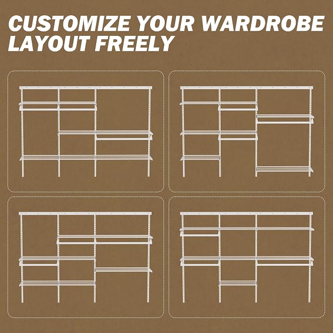 Closet System Wall Mounted 4-9.5 Ft, Heavy Duty Adjustable Wire Shelving with Hanging Rod, Custom Organizer Kit for Bedroom Laundry Mudroom, White