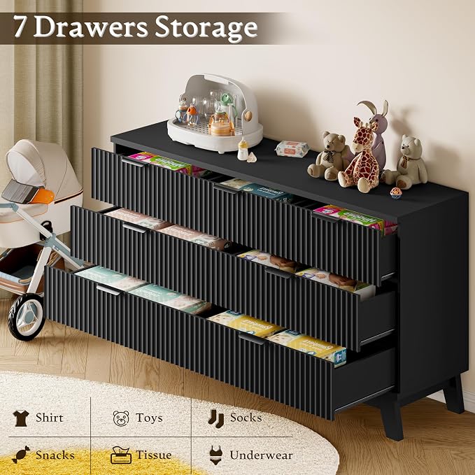 BORNOON 57" Long Dresser for Bedroom, 7-Drawer Fluted Chest, Wide Wood Storage Dresser with Metal Slides and Handles, Stable Base, Modern Clothes Organizer for Primary Suite, Guest Room, Nursery