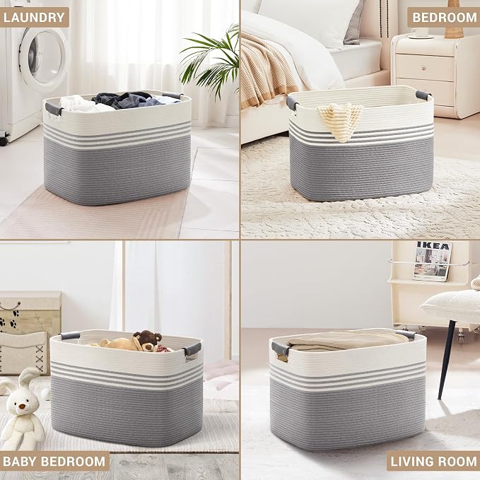 100L Large Woven Laundry Basket Hamper with Leather Handles,Grey | 24"x16"x16", collapsible wicker hamper, storage for dirty clothes, toys, blankets, gifts, living room, bedroom, bathroom